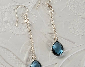 Blue Topaz Quartz Teardrop Dangle Earrings with Sterling Silver Rolo Chain, Gifts for Her, Handmade Dainty Earrings
