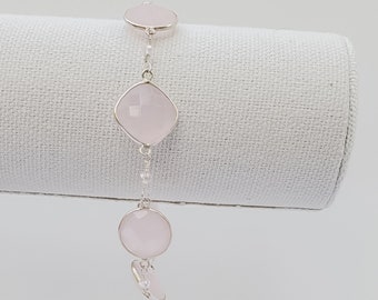 Handmade Pink Rose Quartz Rosary Chain Gemstone Bracelet, Wedding Jewelry, Gift for Her, Rosary Chain Jewelry