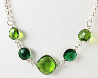 Handmade Emerald Quartz and Green Amethyst Sterling Silver Station Necklace, Multi Stone, Statement Jewelry, Gift for Her