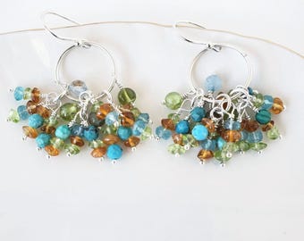 Handmade Sterling Silver Gemstone Hoop Earrings: Turquoise, Citrine, Tourmaline