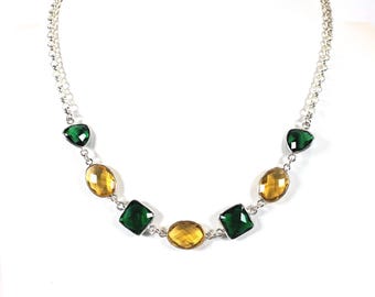 Emerald & Gold Quartz Sterling Silver Necklace: Handmade Gemstone Jewelry