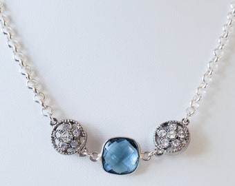 Handmade Blue Topaz Gemstone Silver Station Necklace, Gemstone Jewelry, Silver Wedding Jewelry, Choker