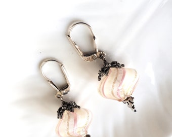 Handmade Pink Blown Glass Sterling Silver Dangle Earrings, Dainty earrings with lots of sparkle. Great for gifts and wedding jewelry