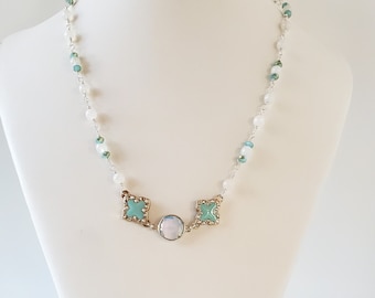 Dainty Blue Enamel and Moonstone Necklace, Beaded, Sterling Silver