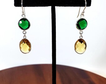 Emerald Green and Yellow Quartz Earrings - Sterling Silver Dangles, Unique Statement Jewelry