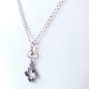 Minimal Crystal Quartz and Rhinestone Sterling Silver Regency Pendant Necklace