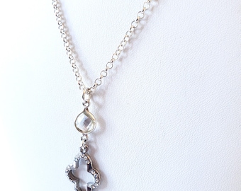 Minimal Crystal Quartz and Rhinestone Sterling Silver Regency Pendant Necklace