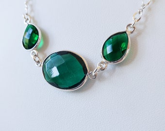 Emerald Quartz Station Necklace, Sterling Silver Jewelry, Birthstone Jewelry, May Birthday, Gemstone Necklace, Gift for Her