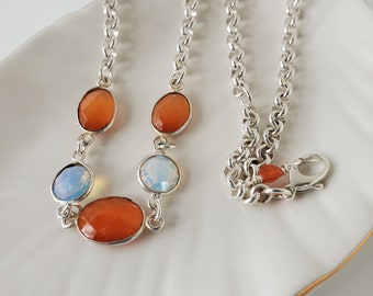 Handmade Orange Sunstone and Ice Quartz Multi-Stone Sterling Silver Station Statement Necklace, Gift for Her