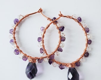 Handmade Amethyst and Moonstone Copper Dangle Statement Earrings,  Gift for Her,