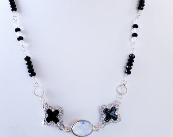 Moonstone and Black Onyx Necklace, Beaded, Sterling Silver