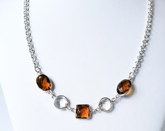 Handmade Dark Citrine Crystal Quartz Sterling Silver Station Necklace