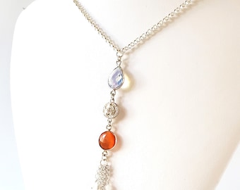 Handmade Orange Carnelian and Moonstone Sterling Silver Long Pendant Necklace