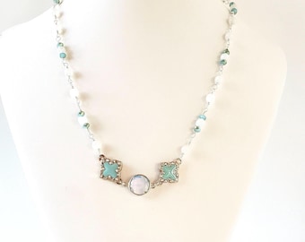 Dainty Blue Enamel and Moonstone Necklace, Beaded, Sterling Silver
