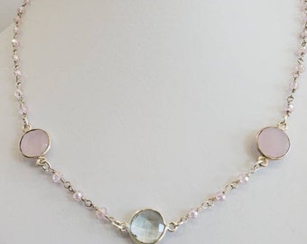 Dainty Rose and Crystal Quartz Sterling Silver Rosary Chain Station Necklace, Wedding Jewelry, Handmade Gemstone Jewelry