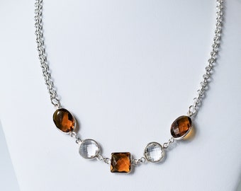 Handmade Dark Citrine and Crystal Quartz Sterling Silver Multi-Stone Station Statement Necklace, Gift for Her