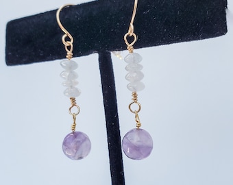 Handmade Moonstone, Purple Amethyst and Gold Dainty Rosary Chain Dangle Earrings, Handmade Gemstone Jewelry, Gift for Her