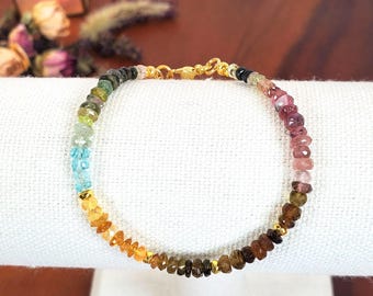 Dainty Ombre Tourmaline and Gold Sparkling Stacking Bracelet, Handmade Gemstone Jewelry