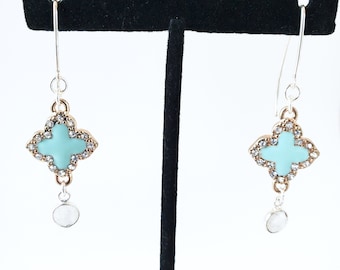 Dainty Blue Enamel and Moonstone Dangle Earrings, Sterling Silver, One of a Kind