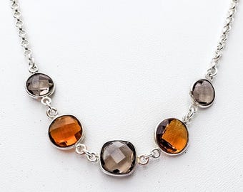 Gemstone Handmade Orange Citrine, Smokey Quartz and Silver Station Statement Necklace