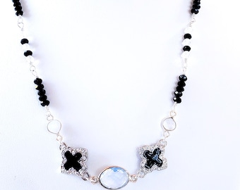 Handmade Moonstone Black Onyx Necklace: Sterling Silver Rosary Chain
