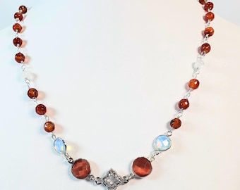 Unique Orange Sunstone, Moonstone & Ice Quartz Sterling Silver Necklace, Artisan Rosary Chain Jewelry