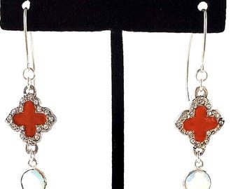 Moonstone Dangle Earrings: Orange Enamel Quatrefoil, Sterling Silver