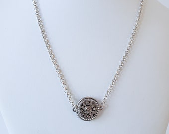 Handmade Silver Regency Crystal Rhinestone Medallion Necklace, Wedding Jewelry