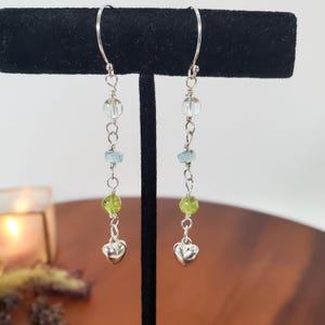 Handmade Peridot, Aquamarine and Crystal Quartz Silver Dangle Earrings, Boho Jewelry