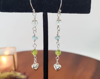 Handmade Peridot, Aquamarine and Crystal Quartz Silver Dangle Earrings, Boho Jewelry