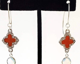 Sparkling Moonstone and Orange Dangle Earrings, Silver Earrings , Perfect Gift for Her, Unique Drop Earrings