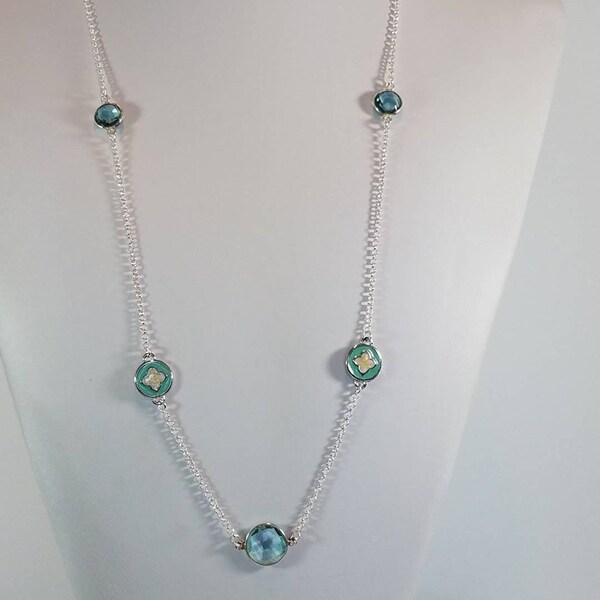 Long Blue Quartz and Enamel Sterling Silver Station Necklace with Rolo Chain, Ippolita Style,