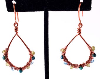 Handmade Copper Teardrop Dangle Earrings: Turquoise & Tourmaline