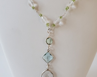 Handmade Gemstone and Sterling Silver Pendant Necklace, Made with Aquamarine, Crystal Quartz and Peridot. A perfect gift or wedding jewelry