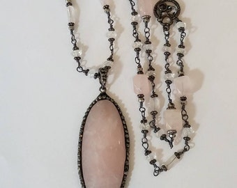 Pink Rose Quartz Pendant Necklace with Gunmetal Rosery Chain and Rhinestones
