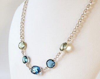 Handmade Blue Topaz Quartz and Peridot Sterling Silver Statement Necklace, Bridal Jewelry