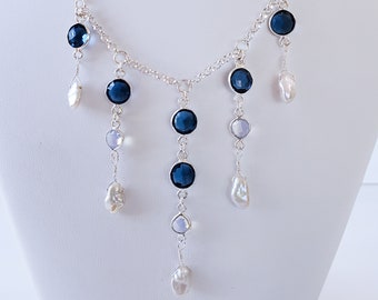 Handmade Moonstone, Sapphire Quartz and Freshwater Pearl Dangle Sterling Silver Necklace