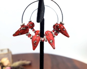 Edgy Sterling Silver Hoop Earrings with Handmade Red Lampwork Spikes