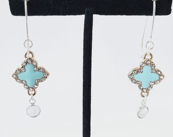 Dainty Blue Enamel and Moonstone Dangle Earrings, Sterling Silver, One of a Kind