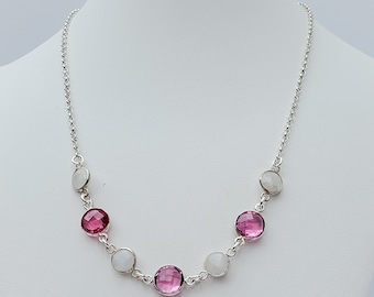 Handmade Pink and Ice Quartz Silver Choker Station Necklace, Gift for Her, Mothers Day, Wedding Jewlery