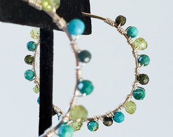 Handmade Turquoise and Tourmaline Sterling Silver Hoop Earrings, Dainty Earrings, Gift for Her,