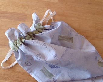 Blue and Green Cotton Botanical Print Laundry, Shoe, Gift, Overnight Drawstring Bag, Upcycled.