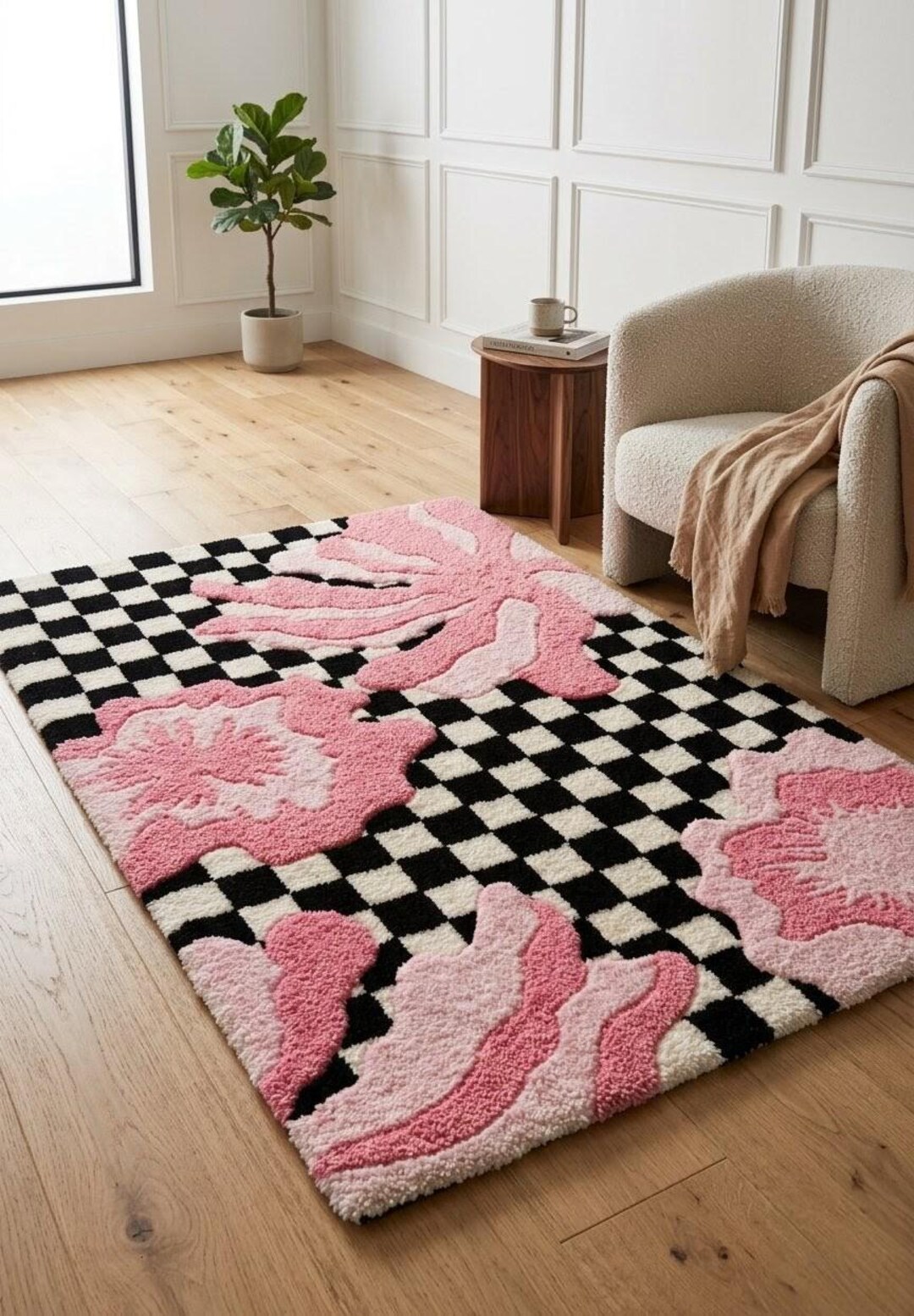 Hand-tufted Wool Rug – Pink Floral Checkerboard Abstract Area Carpet ...