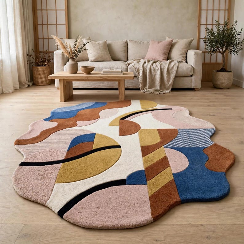 Abstract Irregular Shaped Rug, Modern Colorful Geometric Area Rug, Hand ...
