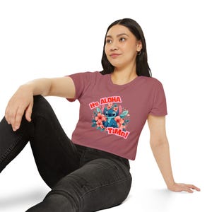 Aloha Time with Stitch Women&#39;s Festival Crop Top, Hawaiian Print Tee, Comfortable Tropical Shirt, Cute Summer Clothing, Stitch Lilo and