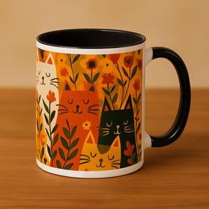Whimsical Folk Cat Mug – Bright Colorful Cat Coffee Cup 11oz