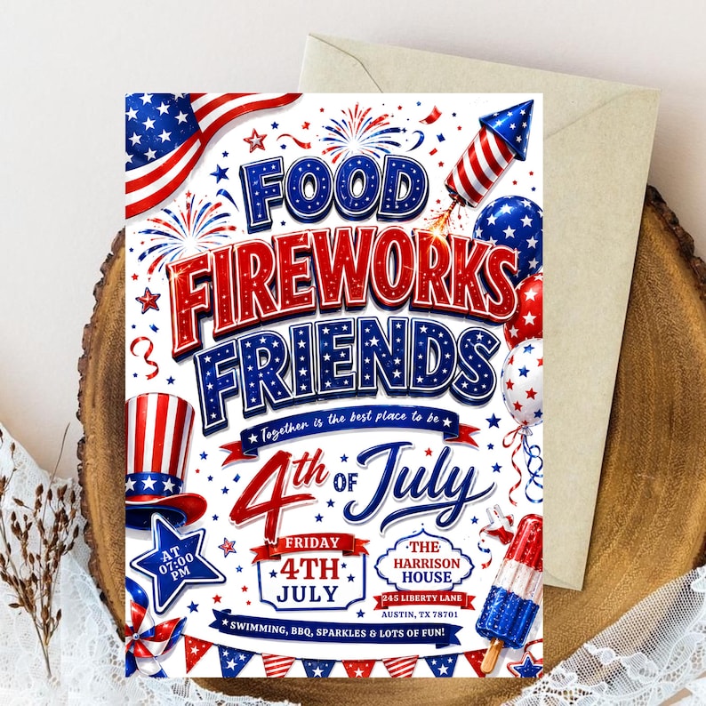 4th Of July BBQ Invitation, Party In USA Invite, Independence Day BBQ Barbeque Invite, July Fourth Food Friend and Firework, Editable Canva250th America Anniversary Invitation, USA Patriotic 4th of July Party Invite, Independence Day Invitation, Editable Canva Template
4th of July Invitation Template, USA Independence Day Invitation, Summer Party Invitation, Editable Canva BBQ Invite,
