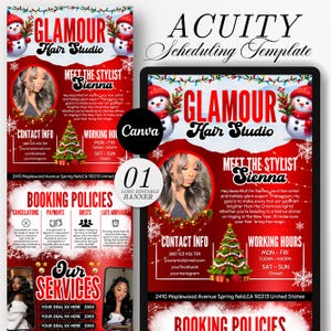 May include: A red and white flyer for Glamour Hair Studio, featuring a photo of a stylist, a Christmas tree, and snowmen. The flyer includes contact information, booking policies, and service details. The text reads "Meet the Stylist Sienna."