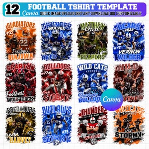May include: A digital collection of 12 football t-shirt design templates featuring various team names, player numbers, and athletic graphics. The layouts include text elements like Gladiators, Thunder Wolves, and Bulldogs with vibrant color schemes.