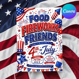 4th Of July BBQ Invitation, Party In USA Invite, Independence Day BBQ Barbeque Invite, July Fourth Food Friend and Firework, Editable Canva250th America Anniversary Invitation, USA Patriotic 4th of July Party Invite, Independence Day Invitation, Editable Canva Template
4th of July Invitation Template, USA Independence Day Invitation, Summer Party Invitation, Editable Canva BBQ Invite,